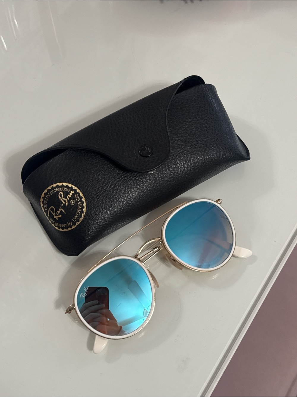 Ray-Ban Gold double round bridge blue mirror sunglasses